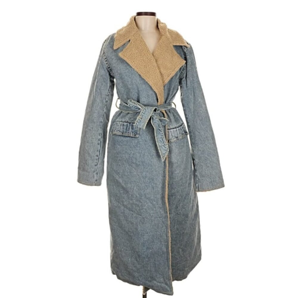 Emory Park Tie Belt Faux Shearling and Denim Overcoat in Light Wash Blue
